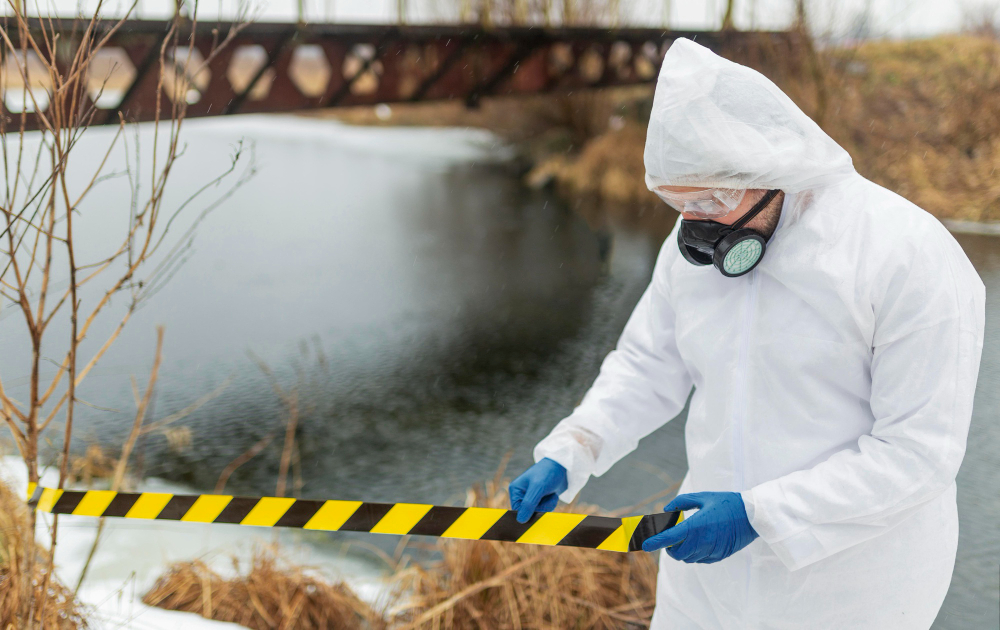 Certified asbestos removal contractor securing a hazardous work zone during an asbestos abatement project in Denver Colorado